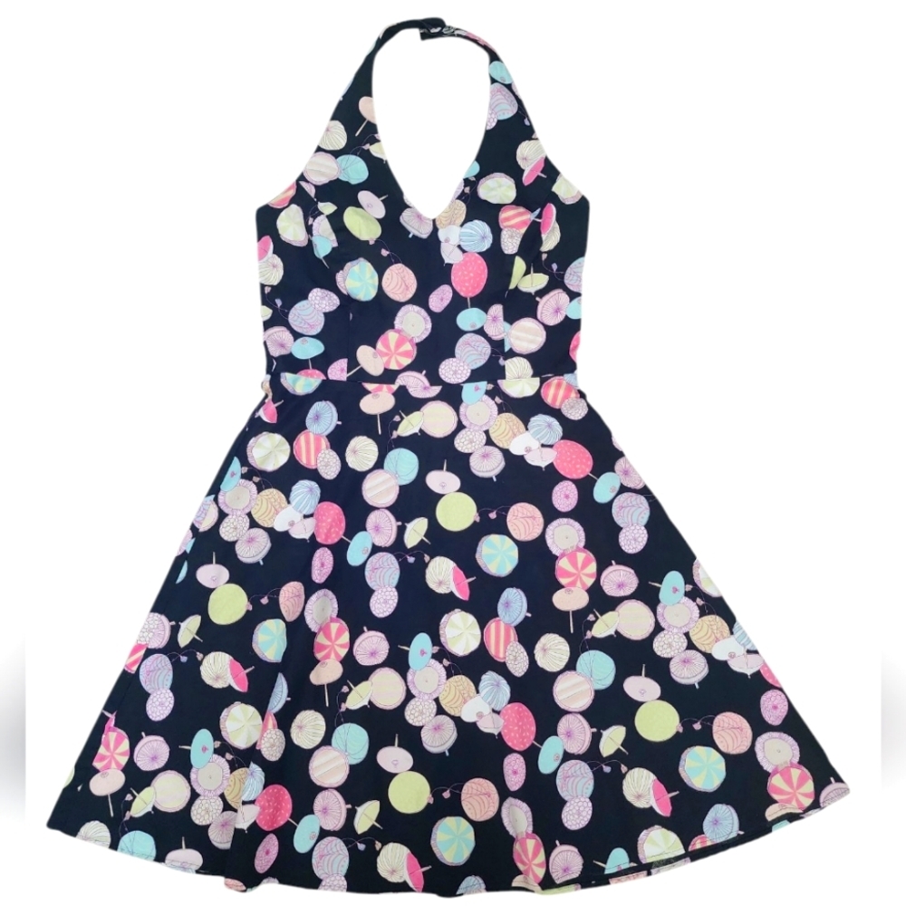 LILY umbrella print mini halter dress vintage, pin-up, size PM black/pink/yellow